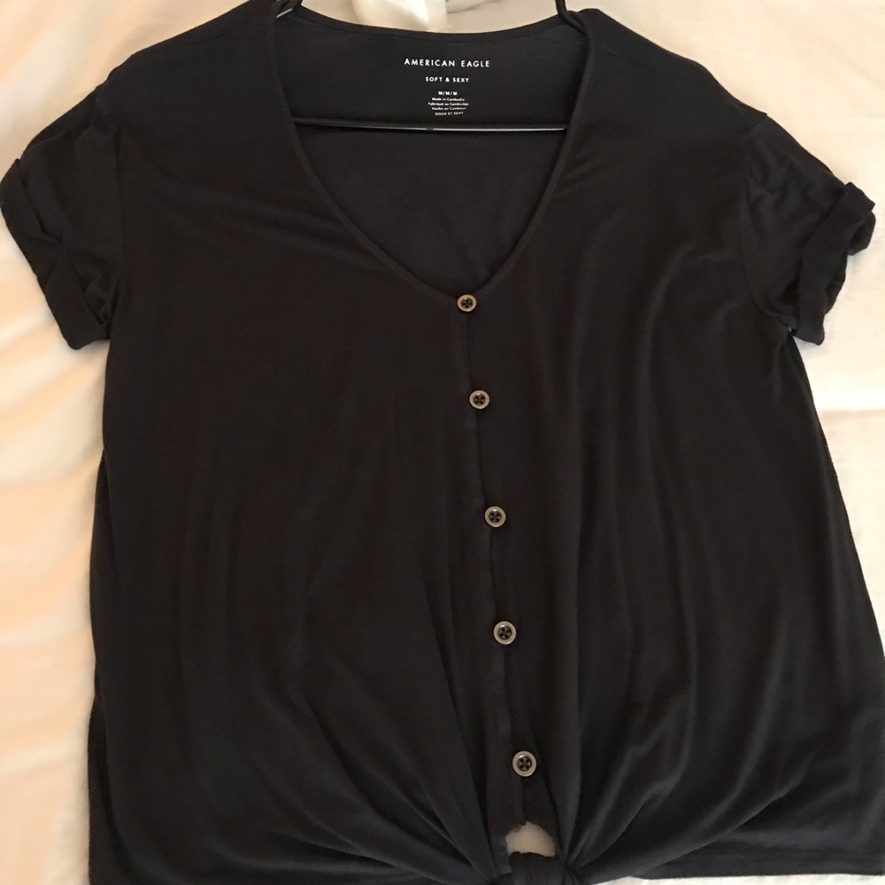 Charcoal black button up tie front top